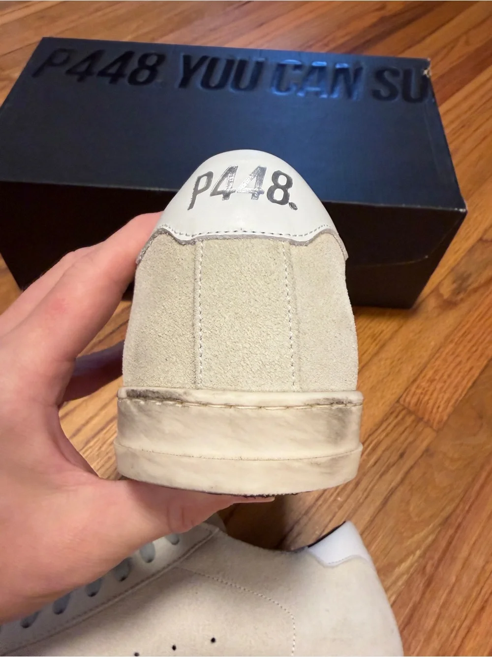 NWT P448 Men’s John Sneaker, Size 41 (8-8.5), Tan Beige White Suede